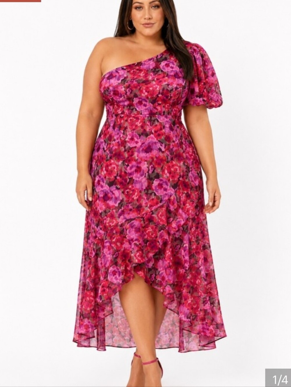 Showpo Clabelle Midi Dress US 14 One Shoulder Floral Tulip Hem Wedding Guest